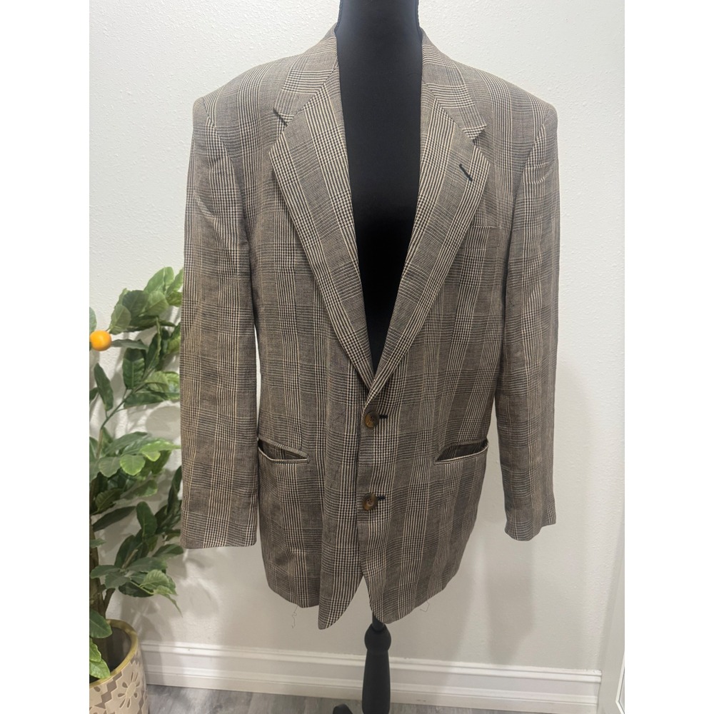 Lubiam Made in Italy Mens Brown Plaid Linen Cotton Blazer Sport Coat 48R